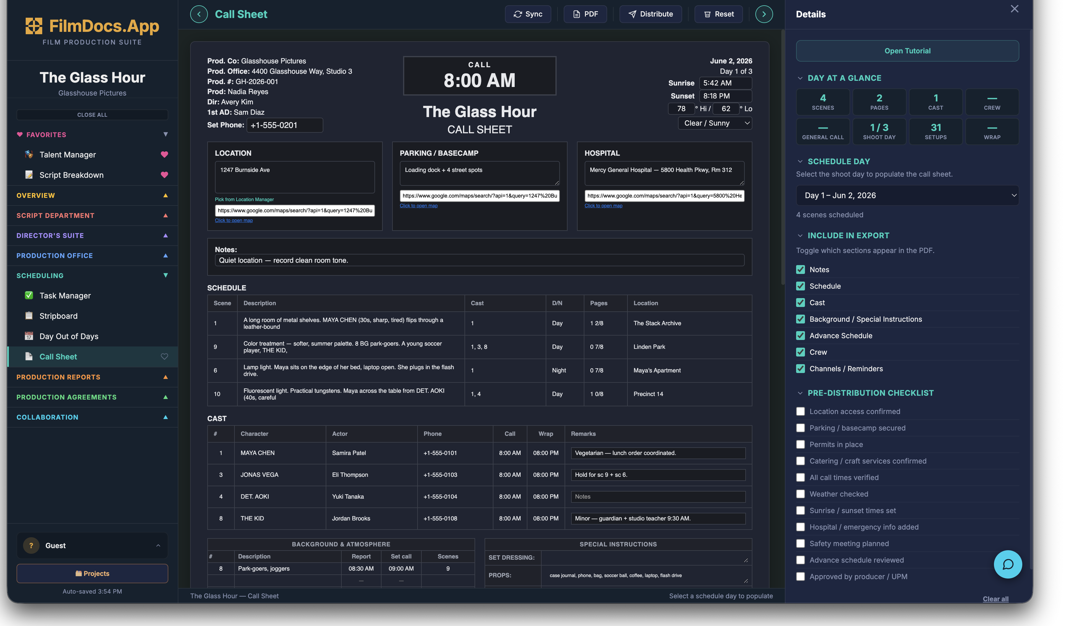 Call Sheet — formatted call sheet with schedule, cast, and crew