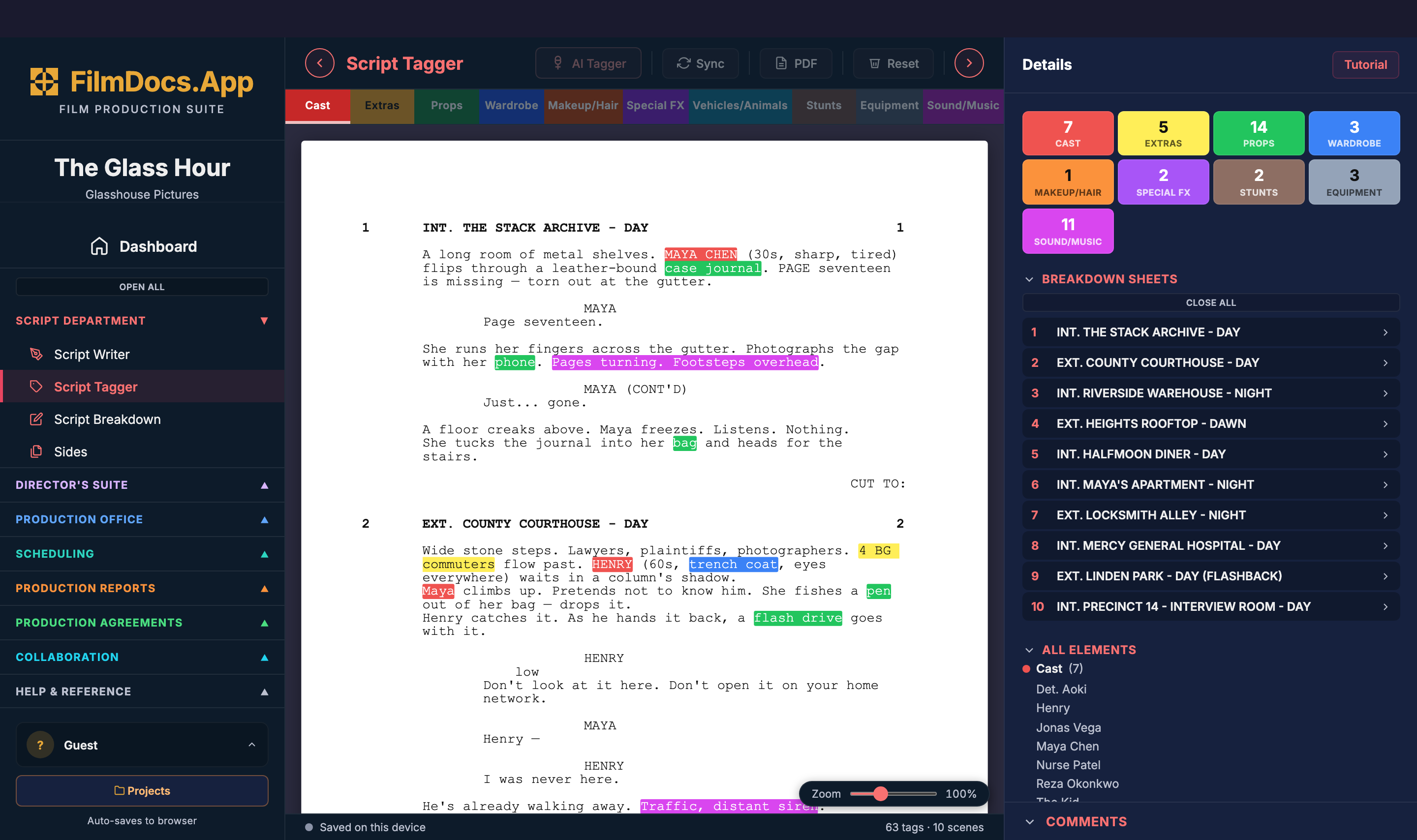 FilmDocs live demo — The Glass Hour open in Script Tagger