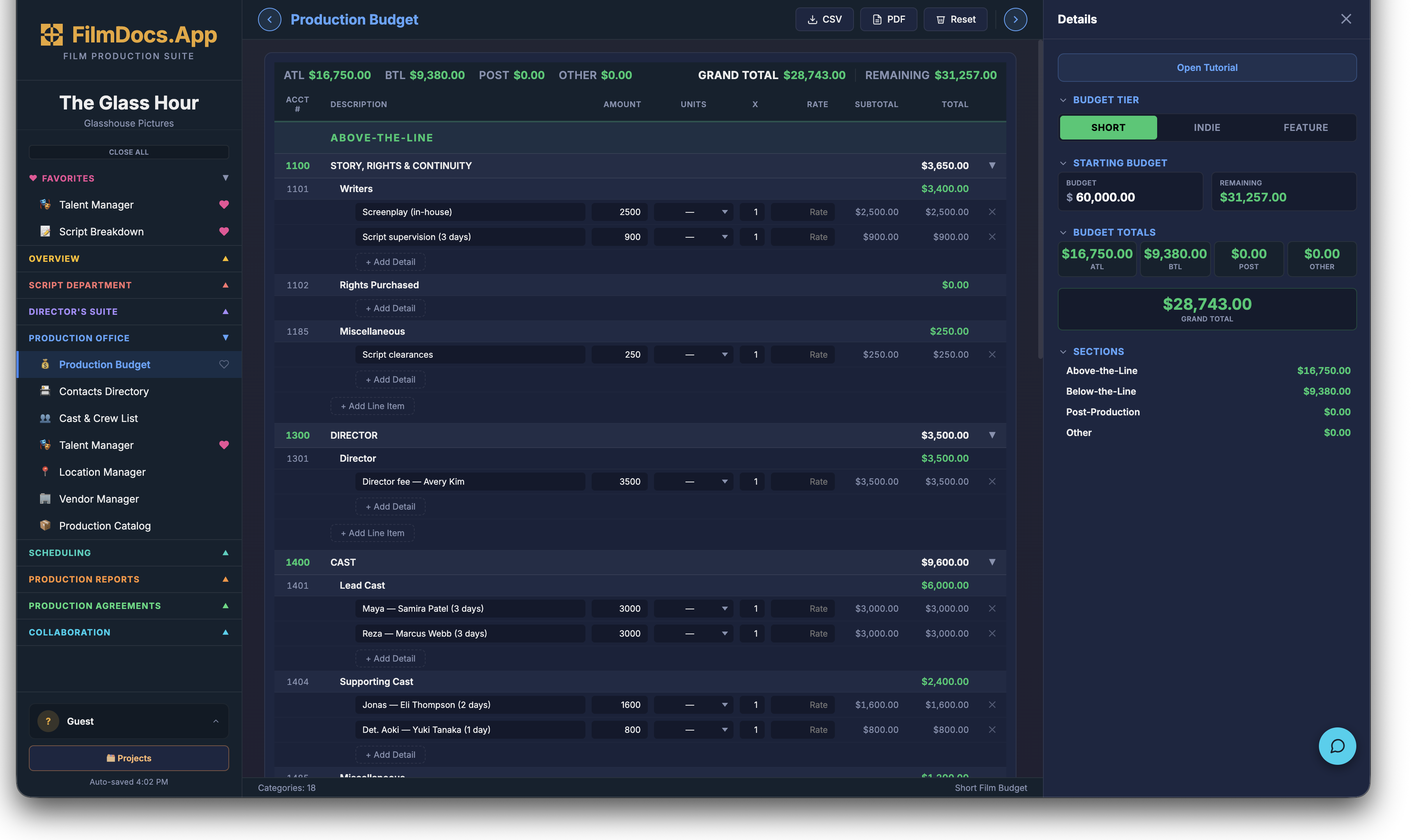 Production Budget — ATL/BTL accounts with line-item details