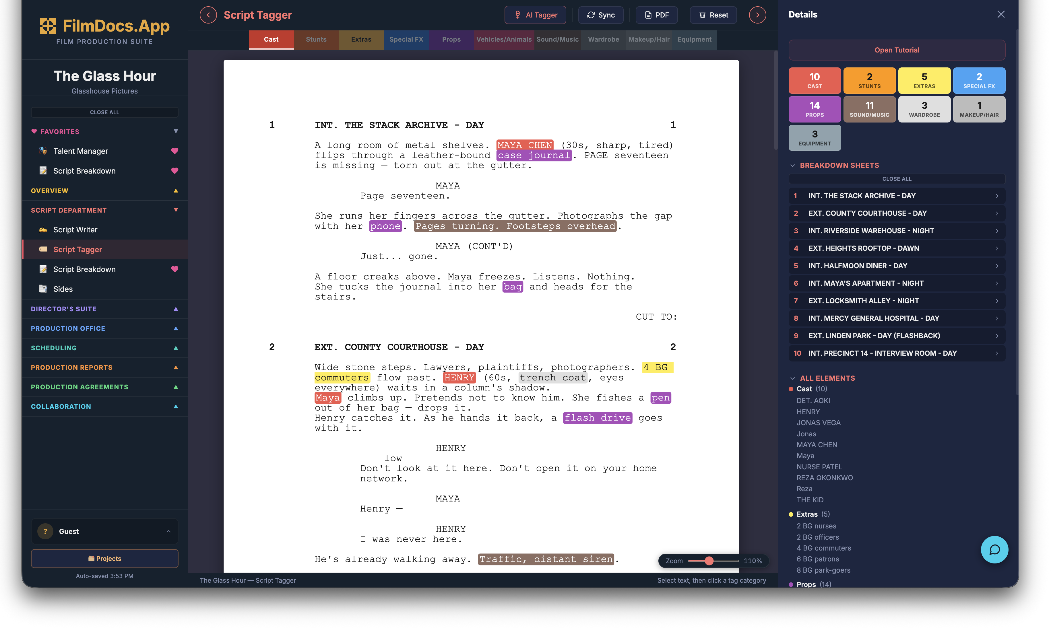 FilmDocs Script Tagger — tagged screenplay with cast, props, wardrobe, and extras highlighted
